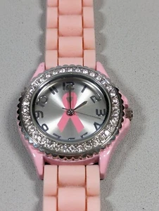 Geneva Pink Ribbon Crystal Accent Silver Tone Case Pink Silicone Band Watch - Picture 1 of 8
