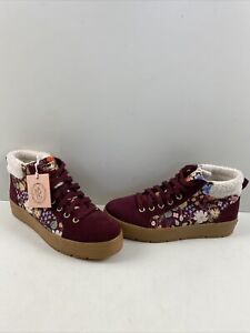 NWOB Keds Burgundy Suede/Floral Fabric Lace Up Mid Top Snow Boots Women’s Size 8