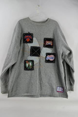 Vintage NBA OUNK Logo Patchwork Gray Crewneck Sweatshirt XXL Knicks Lakers 76ers Cover