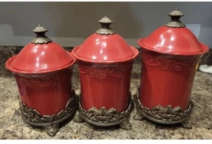 Chris Madden Canister Set JC Penny Home Corvella Red with Metal Stands HTF - Picture 1 of 8