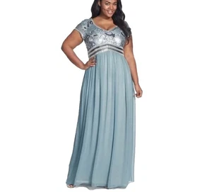 Adrianna Papell V Neck Cap Sleeves Beaded Bodice Gown Size 14w Prom Black Tie - Picture 1 of 16