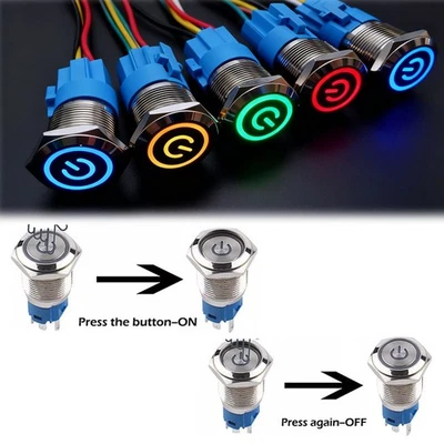 2PC Latching Push Button Power Switch 16mm 12V LED ON OFF Waterproof Stainless - Image 1 of 4