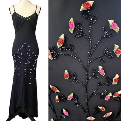 Vintage Sue Wong Silk Sheer Mesh Lace Beaded Floral Maxi Slip Dress S Goth Vamp - Image 1 of 4