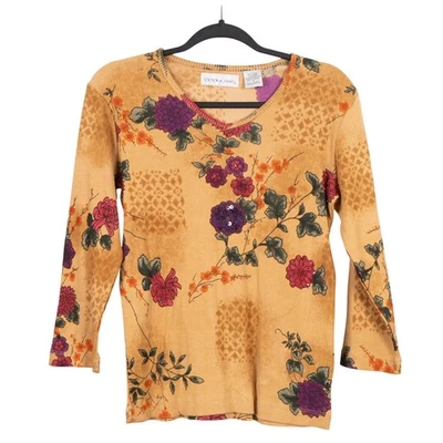 Top Victoria Jones Floral Y2K Cuello S Mujer Lentejuelas Cuentas Amarillo Manga 3/4 Foto 1 de 4