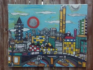 LARGE 1994 ACRYLIC PAINTING ON CANVAS OF A MODERNIST ABSTRACT LONDON SCENE - Picture 1 of 20