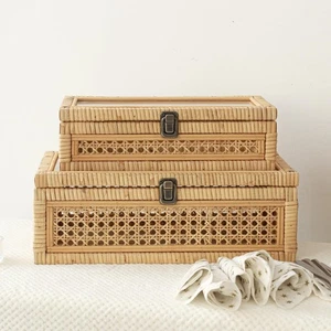 Rattan and Cane Stacking Boxes with Glass Top Lid - Set of 2 for Boho, and Ru... - Foto 1 di 9