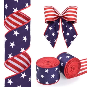 2 Rolls Patriotic Wired Edge Ribbon Stars and Stripes Reversible Ribbons Red ... - Picture 1 of 7