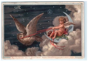 1882 Young Christmas Cherub Paper Moon Flying Owl Lovely Holiday Card Stars - Picture 1 of 2