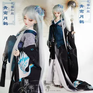 BJD Doll Clothes Japanese Crane Kimono 1/4 1/3 DD DY MSD Flower Wedding Yukata - Picture 1 of 8