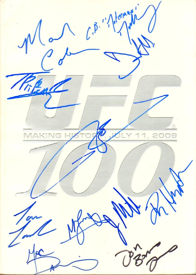 ПОДПИСАННАЯ ДАНОМ ХЕНДЕРСОНОМ ПРОГРАММА UFC 100 С АВТОГРАФОМ ФРАНКА МИРА МАРКА КОУЛМАНА БИСПИНГА  - Изображение 1 из 1