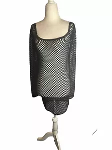Fashion Nova schwarz Stretch Fischnetz Badeanzug Langarm Coverup Tunika Top MED - Bild 1 von 8