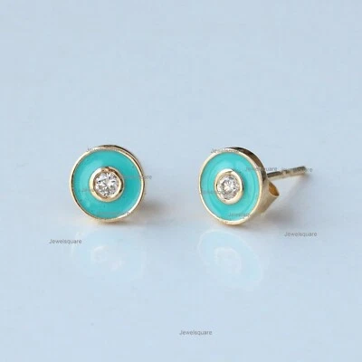 Натуральные бриллианты с бирюзой эмалью и солитером SI из чистого 14-каратного желтого золота  - Изображение 1 из 4