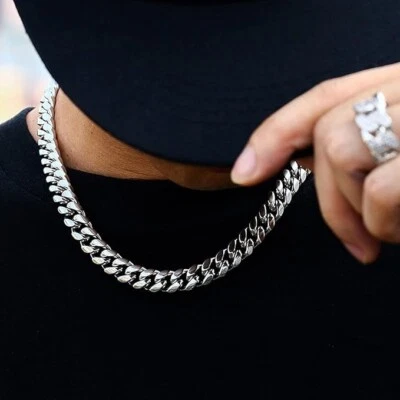 Mens Boys Curb Chain 18"-26" 2mm - 15mm Stainless Steel Silver Cuban Necklace UK - Image 1 of 4