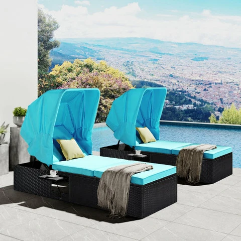 Reclining Pool Chaise Lounge Chair Canopy Bed Patio Furniture w/ Cushions Cover
