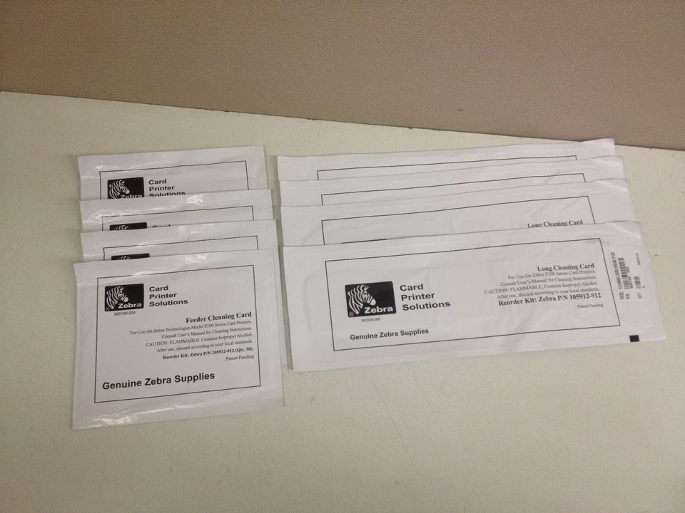 LOT of 4 Zebra Feeder Cleaning Cards + 4 Long Cards P110i P120i 800105-004 /-006 - Image 1 of 1