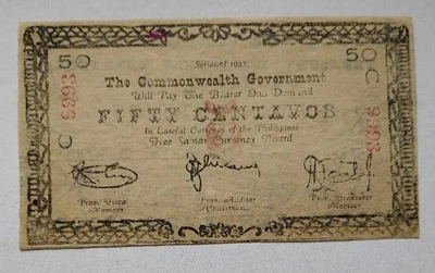 Billete de 50 centavos Samar de la guerrilla filipina de 1943 Segunda Guerra Mundial libre Foto 1 de 2