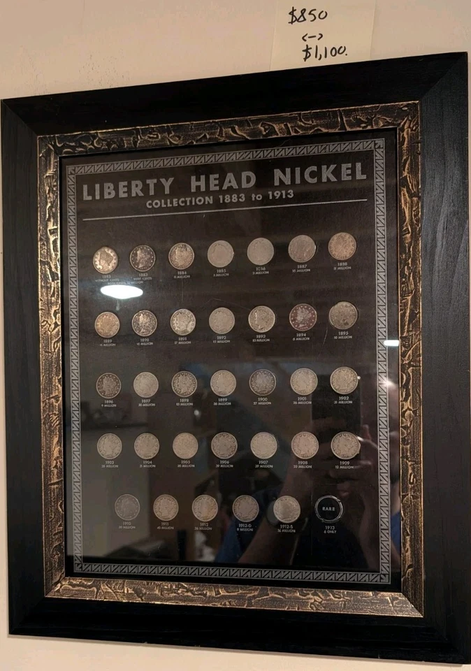 1883-1912 S COMPLETE 33 Coin Liberty Nickel Set On Vintage Board Framed In Glass - Image 1 of 4