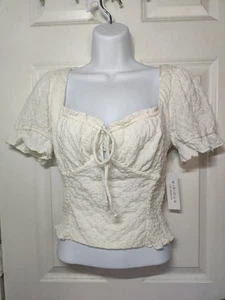 Kirious Juniors Cream Ivory Short Sleeve Peasant Smocked Crop Top L NWT - Picture 1 of 6