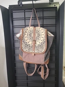 Myra Bag Upcycle Southwestern Sunburst Pattern Canvas & Leather Backpack Purse - Picture 1 of 8