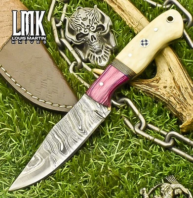 Cuchillo desollador forjado a mano LMK hecho a mano torcido hueso de Damasco refuerzo de madera EDC Foto 1 de 4