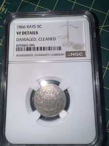 1866 Strahlen 5c Schild Nickel UNC Details beschädigt gereinigt NGC - Bild 1 von 5