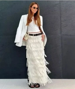 ZARA NEW ECRU FRINGED PENCIL SKIRT ZW COLLECTION SIZE S REF. 4786/302 - Picture 1 of 6