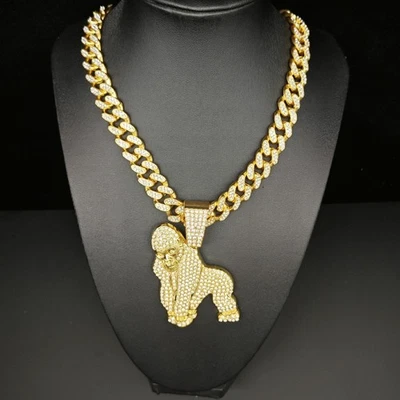 HipHop Iced GORILLA APE Crystal Cuban Chain Pendant Necklace Fashion Jewelry NEW - Image 1 of 4