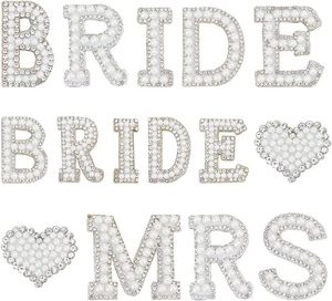 Pearl Bride Patch Iron/Sew on Letter & Heart Applique Patch, Bling Rhinestone En - Picture 1 of 6