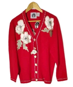 Storybook Knits Cardigan Knit Large Embroidered Red Sweater Floral Buttons NWT - Picture 1 of 12