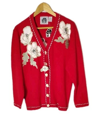 Storybook Knits Cardigan Knit Large Embroidered Red Sweater Floral Buttons NWT - Image 1 of 4