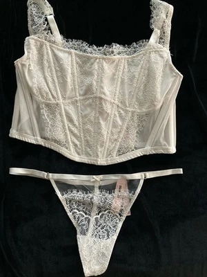 Victoria’s Secret Dream Angels Coco Marfil Encaje Corsé Sujetador Top y Panty Conjunto L Foto 1 de 4