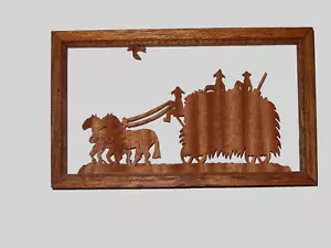 Americus Woodworks Kansas Woodcuts Silhouette Horses Pulling Hay Wagon - Picture 1 of 7