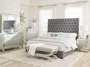 NEW Modern Silver & Gray Fabric 5 pieces Queen King Bedroom Set Furniture IL7A - Picture 1 of 3