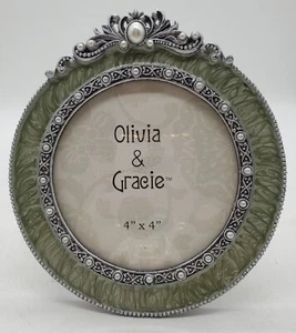 Olivia & Gracie Round Picture Frame 4” Enamel And Embellished Foldout Stand - Picture 1 of 5