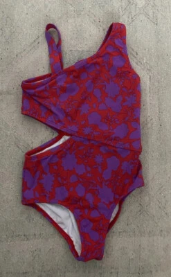 GARNET HILL Girls Swimsuit One Piece Red Purple Floral Cut Out SZ 5 EUC - Image 1 of 4