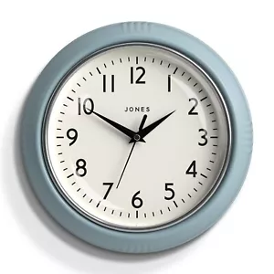 Jones Wall Clock - Clear Blue & Silver Bezel Vintage Style - 25cm Arabic Dial - Picture 1 of 5