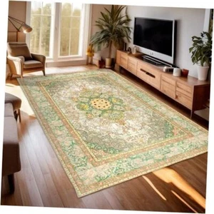 Green Washable Rugs 5x7 for Living Room,Vintage Distressed Boho 5'x7' 02green - Picture 1 of 7