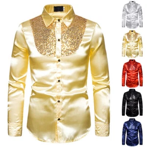 Men Sequin Long Sleeve Button Shirts Club Party Dance Relaxed Shiny Blouse Tops - Picture 1 of 17