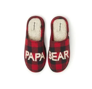 Dearfoams Men's Small "Papa Bear" Sherpa Lined Slippers, Red, Black and Cream - Picture 1 of 1