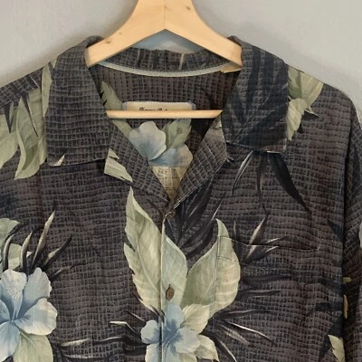 Camisa Hawaiana Tommy Bahama Hombres XL Negra 100% Seda Botón Cuello Lazo Floral Foto 1 de 4