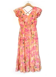 Nanette Lepore Women's Orange/Pink Floral Ruffle Maxi Dress Size: S - Picture 1 of 5