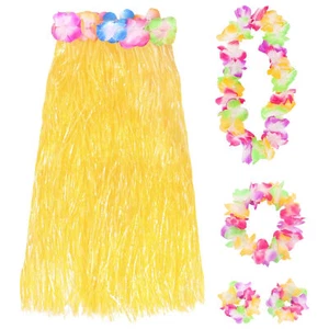 YELLOW HULA SKIRT 5 PC SET HAWAIIAN TROPICAL LEI & LADIES LONG LUAU FANCY DRESS - Picture 1 of 8
