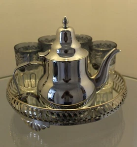 Moroccan Teapot with mirror tray 4 cups set morocco chai glass tea cups gift set - Picture 1 of 10