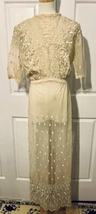 Antique Vintage Edwardian Ivory Gauzy Sheer Embroidered Lace Overlay Dress Sz S - Picture 1 of 9