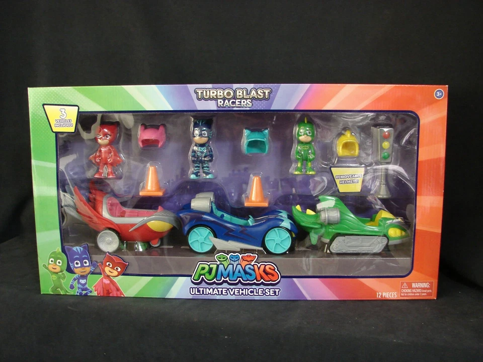 PJ Masks Ultimate Vehicle Set of 3 Turbo Blast Racers 12pc Removable Helmets