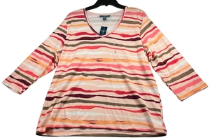 Karen Scott Shirt Womens Plus Size 0X Pink 3/4 Sleeve Vneck Striped Casual New - Picture 1 of 6