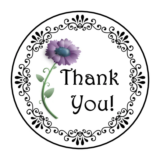 30 1.5" THANK YOU SCROLL FLOWER FAVOR LABELS ROUND STICKERS - Image 1 of 1