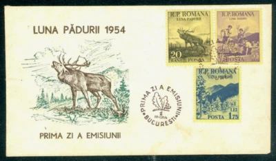 Mes forestal 1954, ciervo rojo, montaña, niños plantando árboles, Rumania, M.1464, FDC Foto 1 de 2