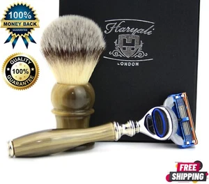 Synthetic Hair Shaving Brush Stimulated Horn Handle 5 Edge Razor Horn Handle - Picture 1 of 6