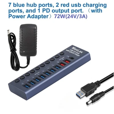 USB Hub with Charging Function Power Adapter Individual Swiches Multi-interface - Image 1 of 4
